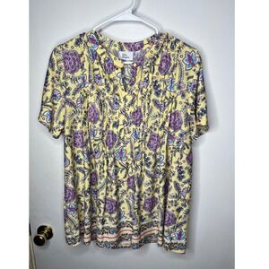 Kim Rogers Womens XL Yellow Floral Print Short Sleeve Pleated V-Neck Top